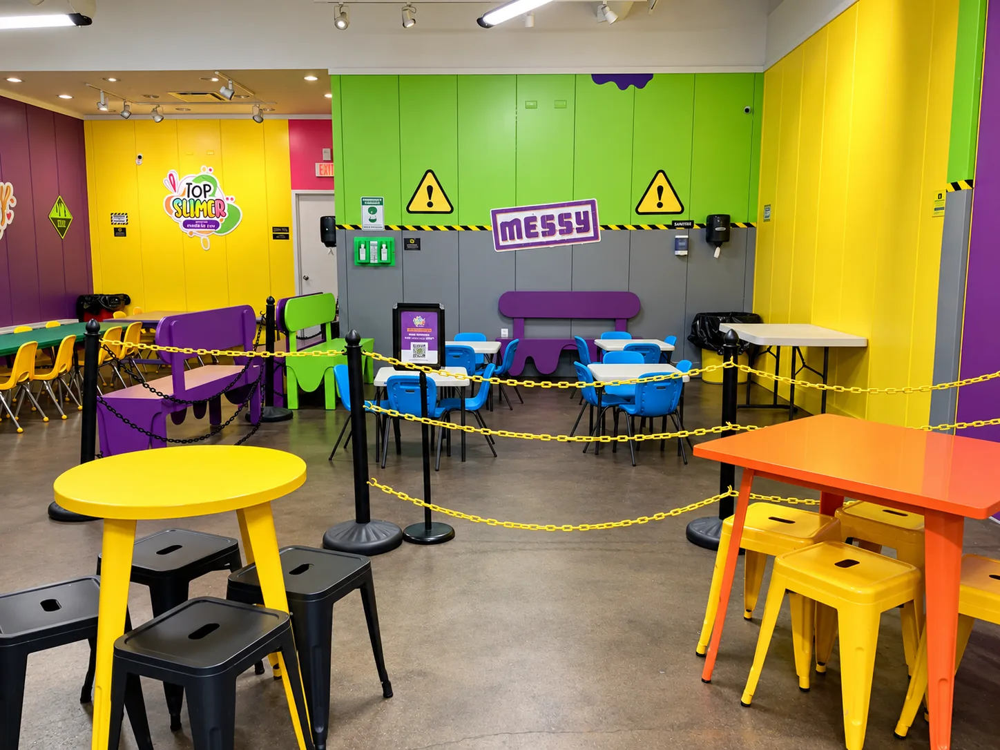 Edison’s small party area with the Messy sign on a green and gray wall, blue chairs, and colorful tables.