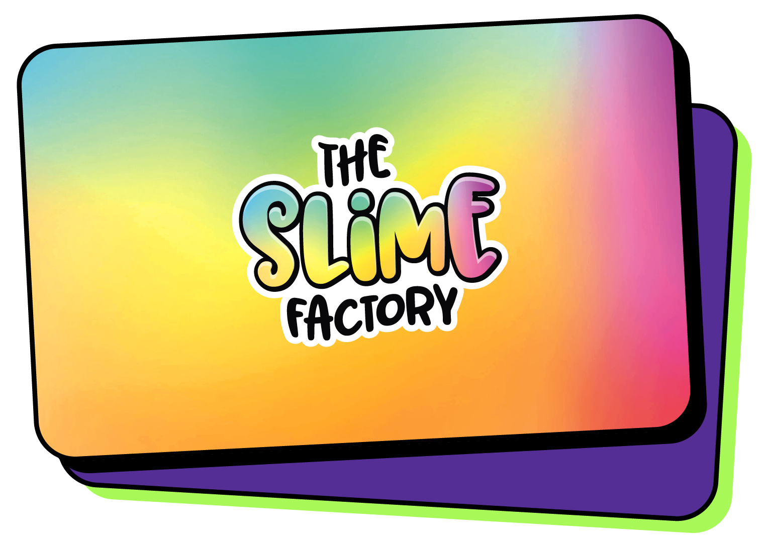 Rainbow Slime Factory gift card with the centered logo and a purple backing card